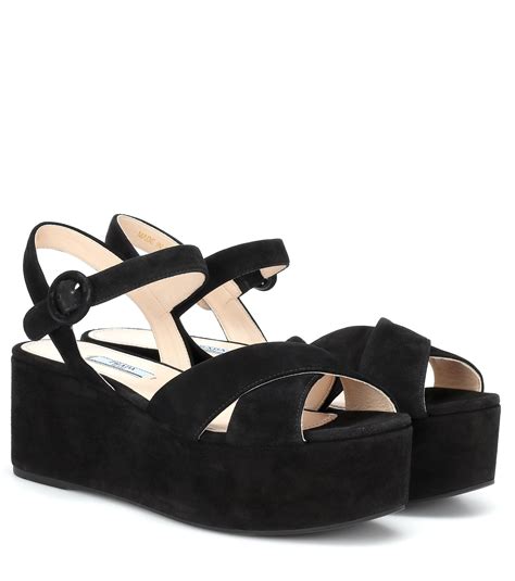 prada black leather sandals|Prada black suede platform sandals.